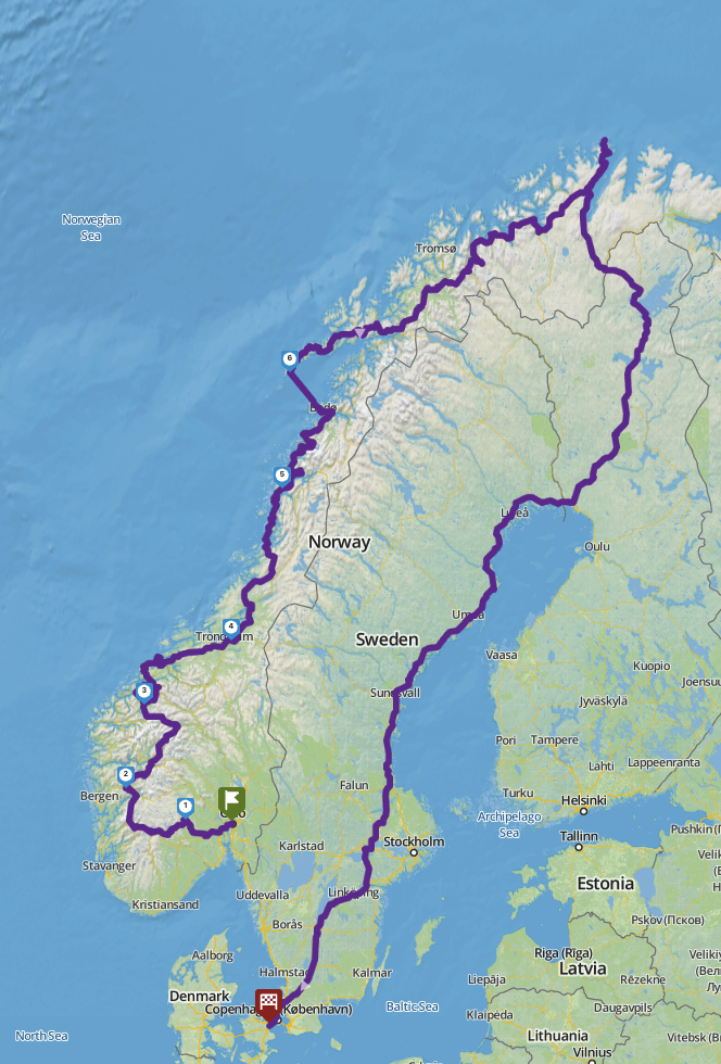 Oversigtskort over Norge Tour 2021 gennem fjorde, bjerge og kystveje.